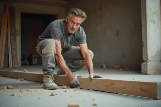 Ouvrier posant une lambourde sur une dalle béton dans une pièce en cours de rénovation