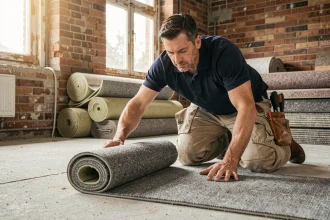 Artisan posant une moquette isolante thermique sur un sol en béton lors d'une rénovation intérieure en 2026