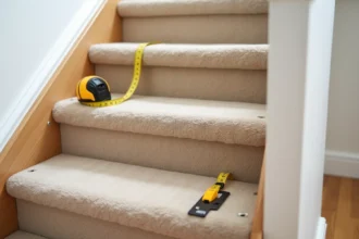 Pose de moquette sur marches d'escalier en bois avec tapis beige et outil de coupe