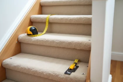 Pose de moquette sur marches d'escalier en bois avec tapis beige et outil de coupe