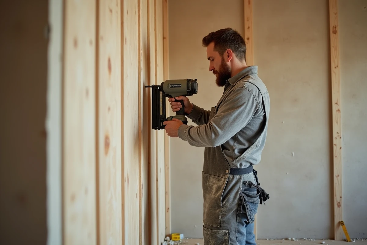 Artisan en train de poser un panneau tasseau bois sur un mur de chambre, installation bricolage maison