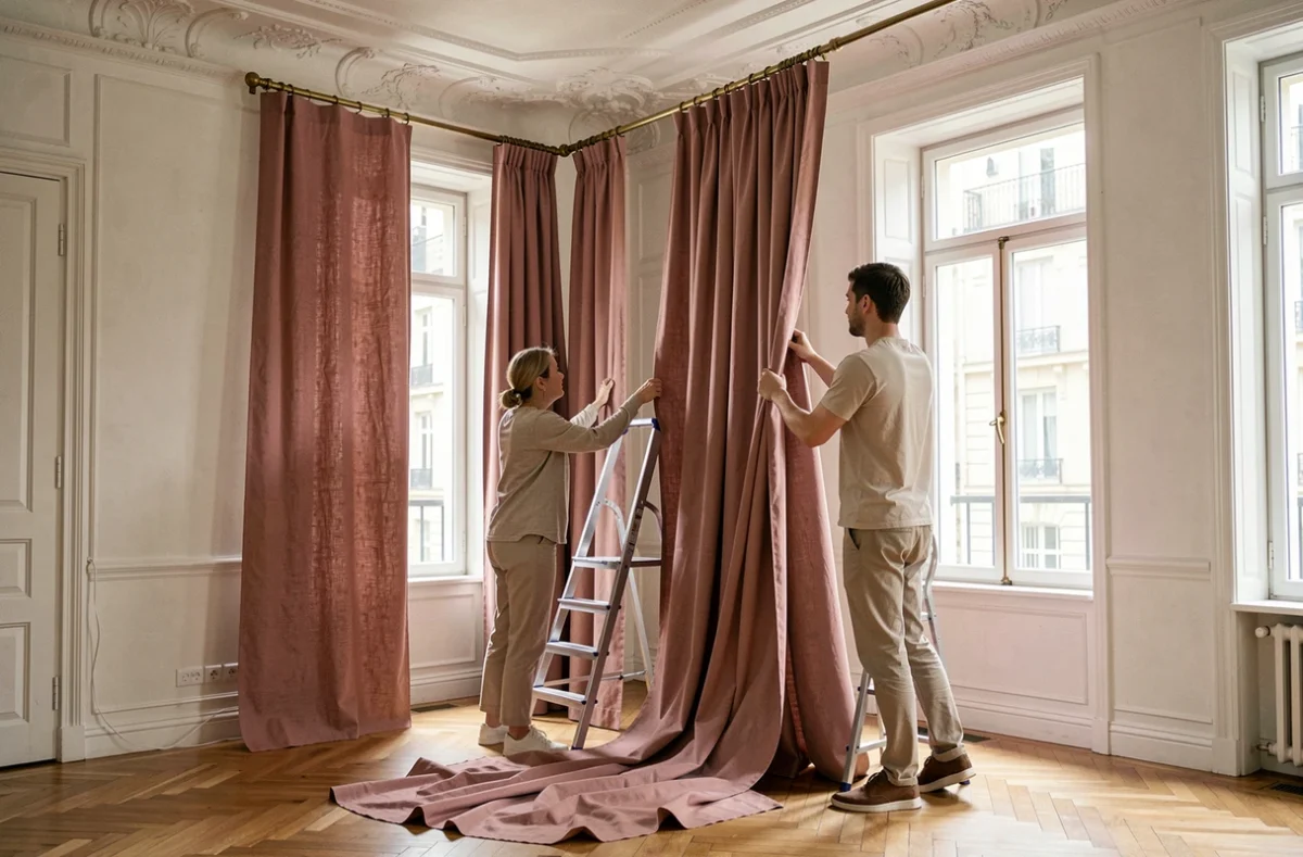 Pose de rideaux sur mesure en lin rose sur tringle dorée dans un appartement haussmannien