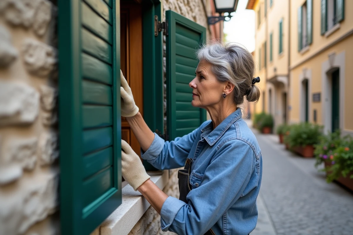 Femme posant un volet en bois peint en vert sur une fenêtre de maison ancienne en village provençal