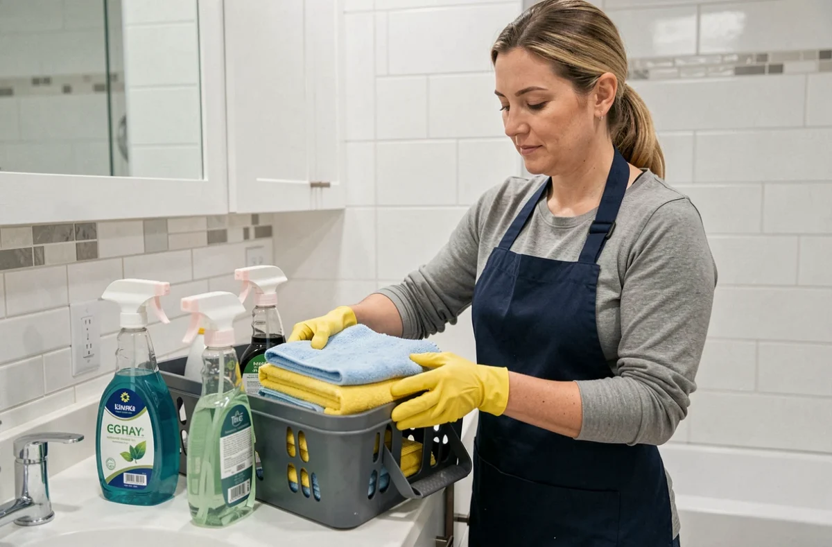 Femme de ménage préparant ses produits d'entretien écologiques dans une salle de bain moderne d'un appartement à Levallois