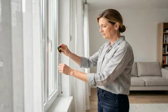 Femme mesurant une fenêtre de salon pour choisir et installer un rideau sur mesure à distance