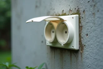 Prise double Legrand pour extérieur avec couvercle étanche transparent monté sur mur en béton gris, gouttes d'eau visibles sur le boîtier