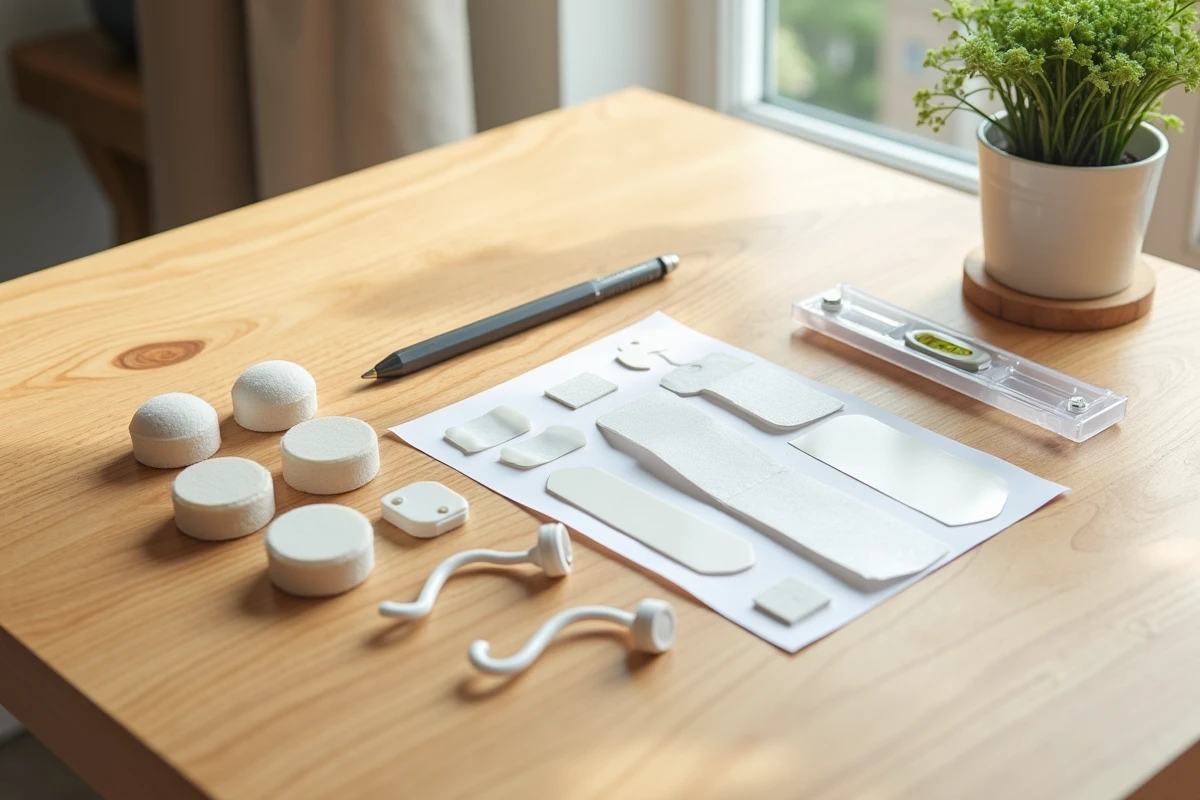 Assortiment de produits adhésifs et crochets sans perçage pour décorer les murs d'un appartement en location