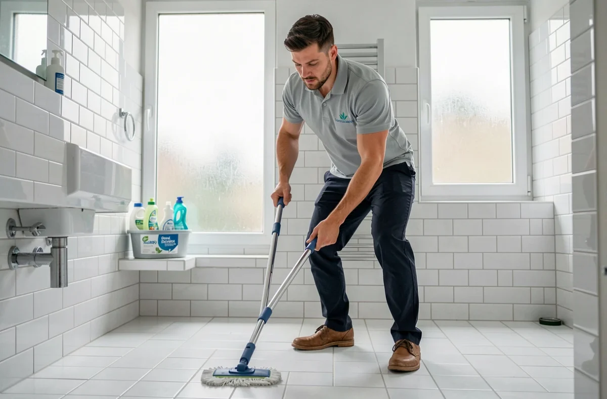 Professionnel de l'aide à domicile nettoyant une salle de bain dans un appartement moderne à Orléans