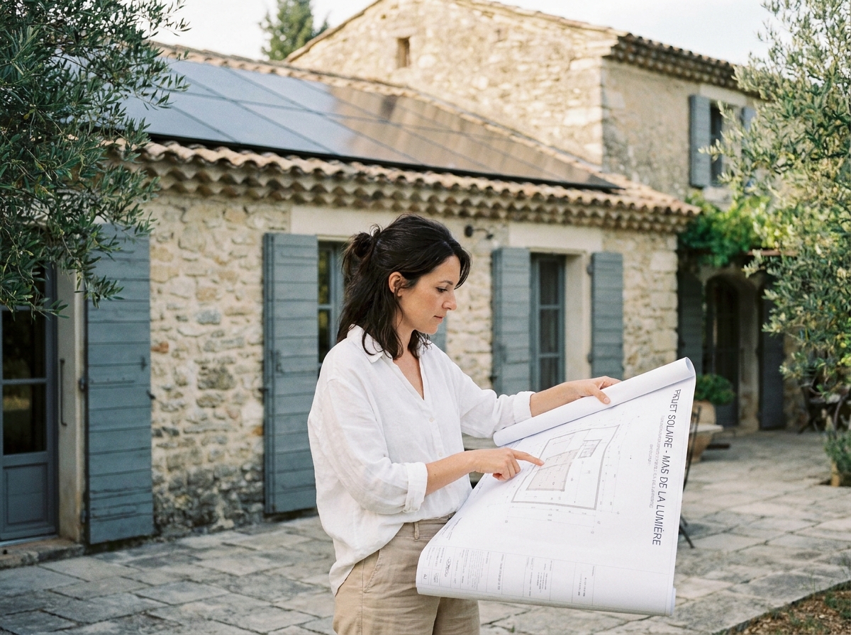 Propriétaire étudiant les plans d'intégration de panneaux photovoltaïques sur une maison de campagne provençale