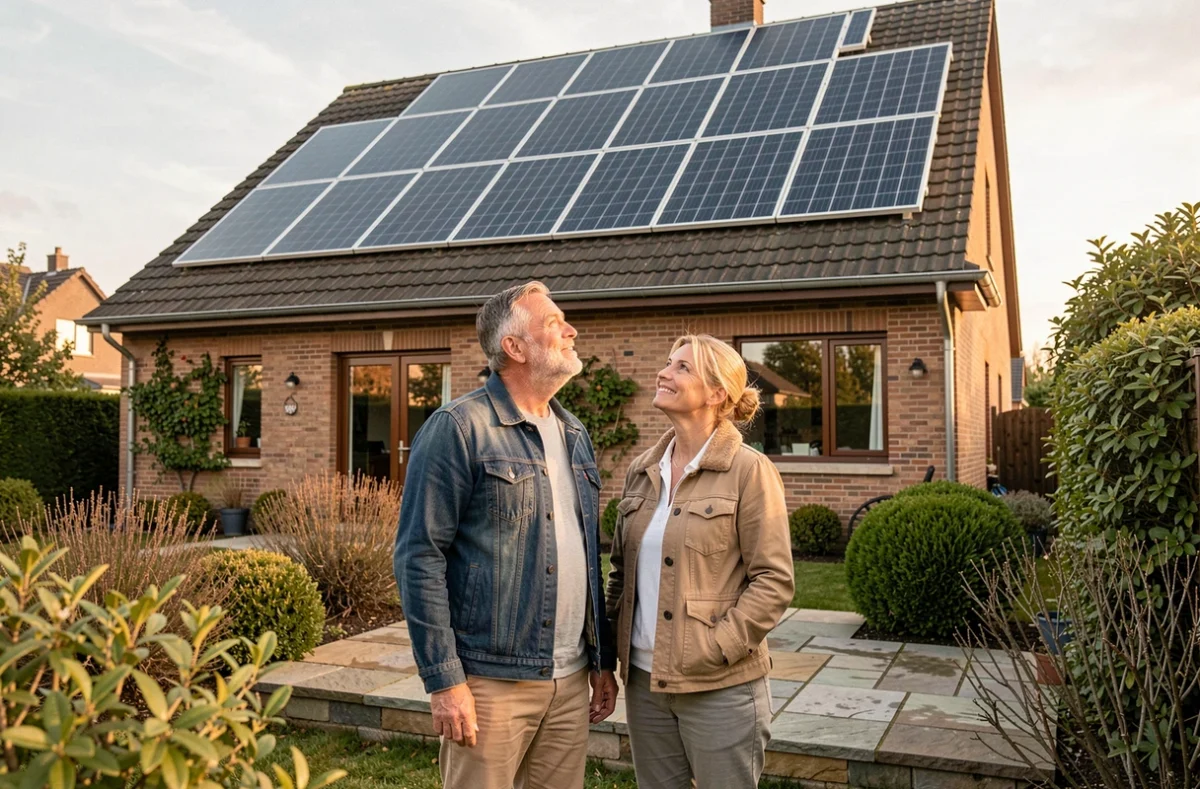 Couple de propriétaires satisfaits observant leurs nouveaux panneaux solaires installés sur leur maison à Metz