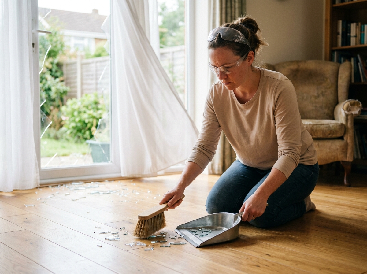 Femme ramassant des éclats de verre sur un parquet après une vitre brisée dans un salon