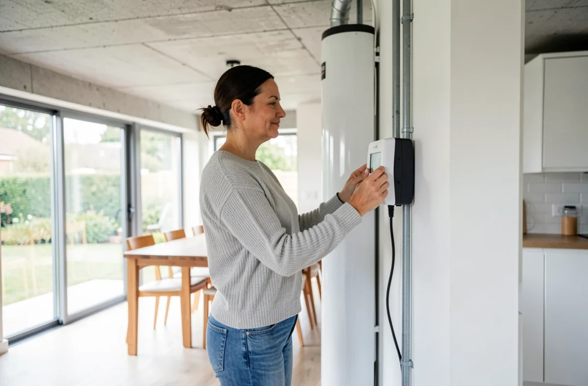 Femme réglant le thermostat de sa pompe à chaleur Panasonic dans une cuisine ouverte contemporaine