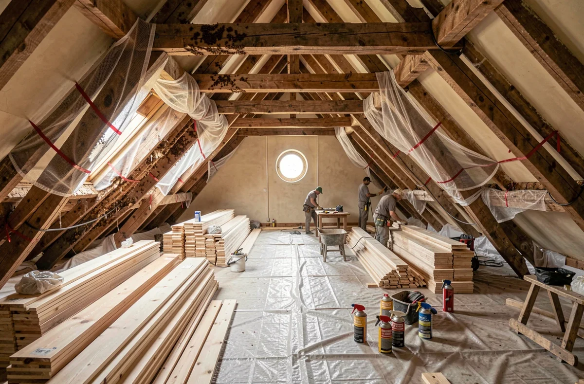 Charpente de maison en cours de rénovation après une infestation de capricorne, avec poutres abîmées et matériaux de traitement