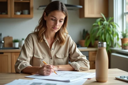 Femme examinant plans de renovation eco pour maison