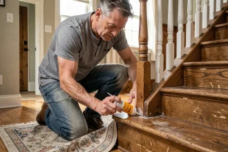 Homme appliquant un lubrifiant sur une marche d'escalier en bois qui grince dans une maison traditionnelle