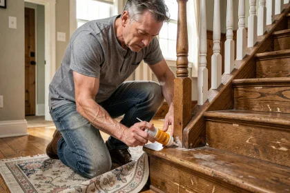 Homme appliquant un lubrifiant sur une marche d'escalier en bois qui grince dans une maison traditionnelle