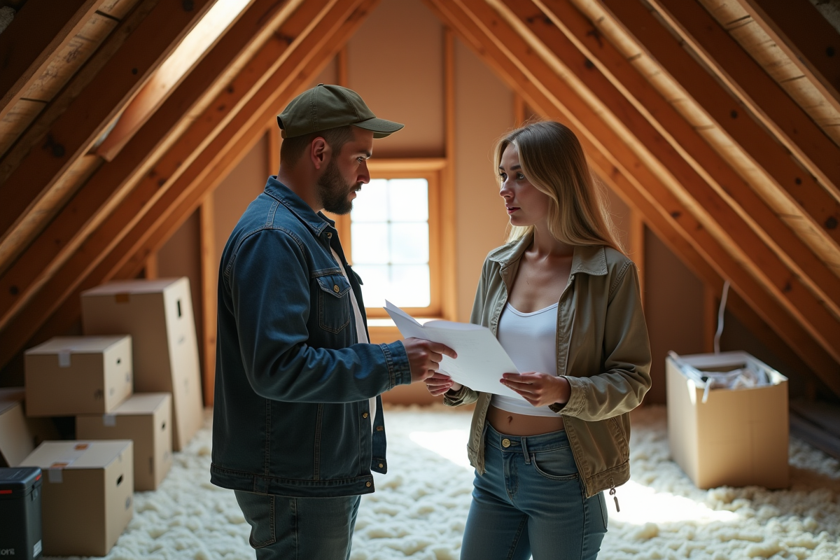 Femme et professionnel examinant un rapport de toiture dans un grenier