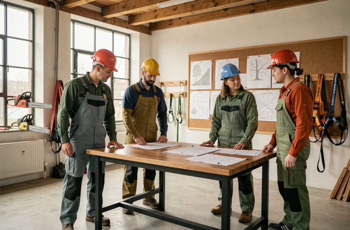 Groupe de stagiaires en salle de cours lors d'une formation professionnelle en élagage arboricole