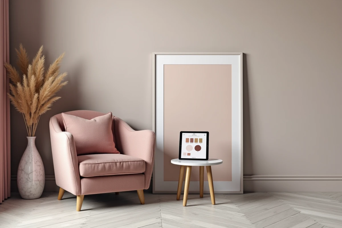 Coin salon décoré avec élégance et petit budget grâce à un simulateur de décoration en ligne, avec fauteuil en lin et table en marbre