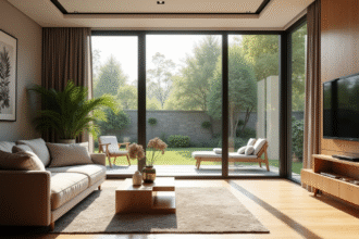 Salon moderne avec grandes fenêtres triple vitrage et vue sur le jardin