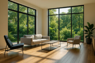 Salon moderne avec grandes fenêtres lumineuses et mobilier minimaliste