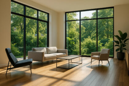 Salon moderne avec grandes fenêtres lumineuses et mobilier minimaliste