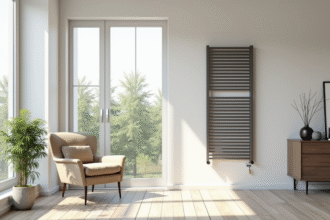 Salon moderne avec radiateur mural et fauteuil cosy