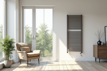 Salon moderne avec radiateur mural et fauteuil cosy