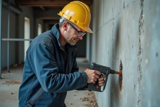 Ouvrier utilisant un pistolet à injection pour scellement chimique sur un mur en béton dans un chantier industriel