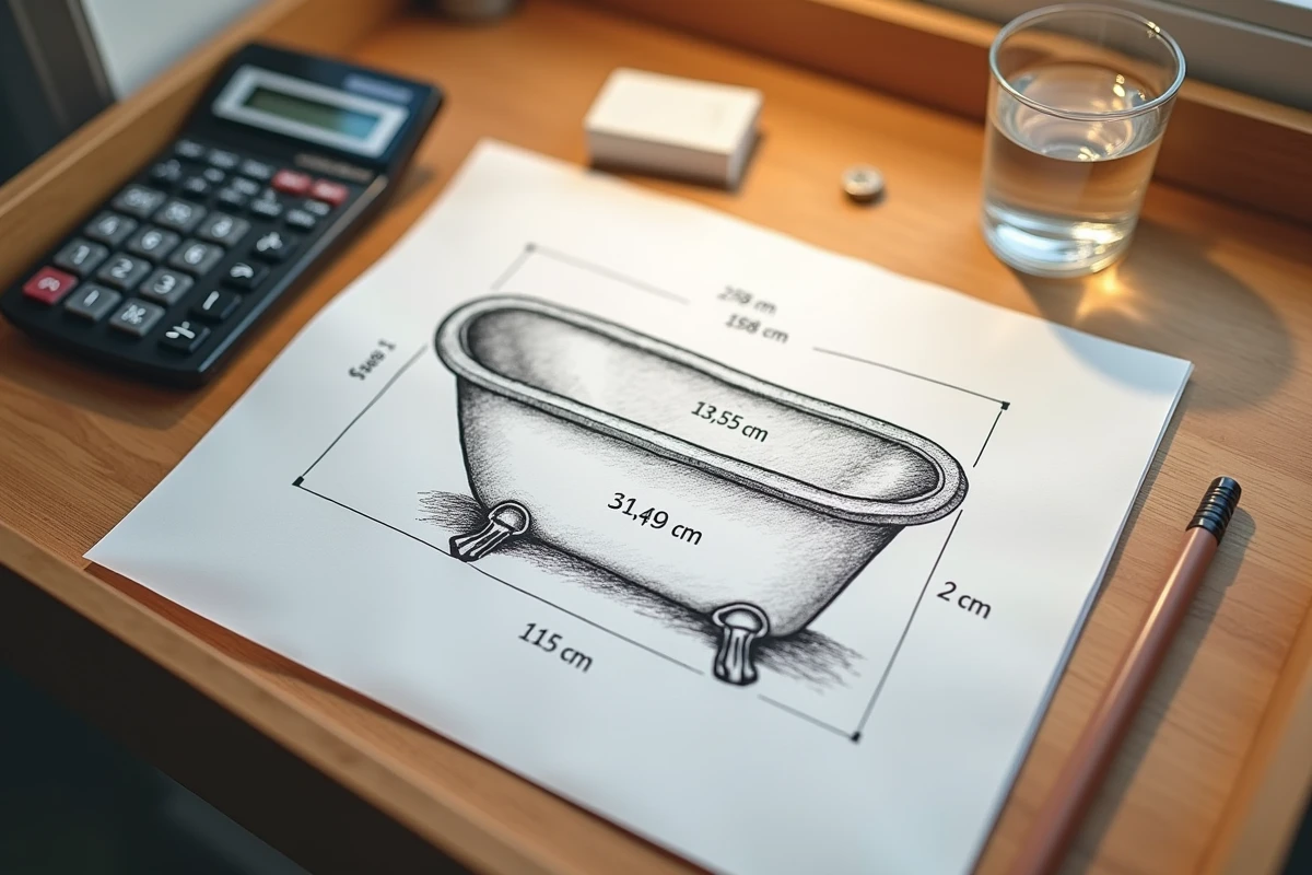Vue de dessus d'un schéma de baignoire annoté avec des mesures en centimètres pour calculer sa capacité en litres