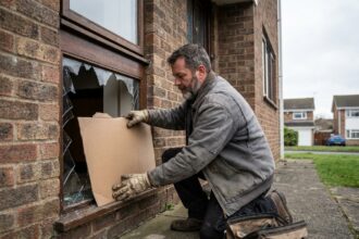 Homme avec gants de protection sécurisant une vitre cassée sur la façade d'une maison avec du carton épais