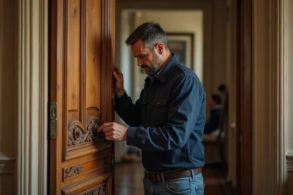 Serrurier homme en action sur une porte parisienne ancienne