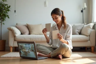 Jeune femme utilisant un simulateur de décoration intérieure en ligne pour créer une déco haut de gamme à petit budget dans son salon