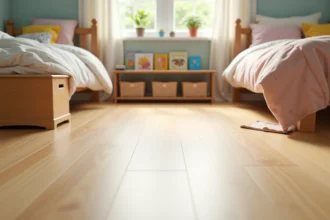 Sol PVC rouleau imitation bois clair dans une chambre d'enfant bien rangée avec jouets et livres