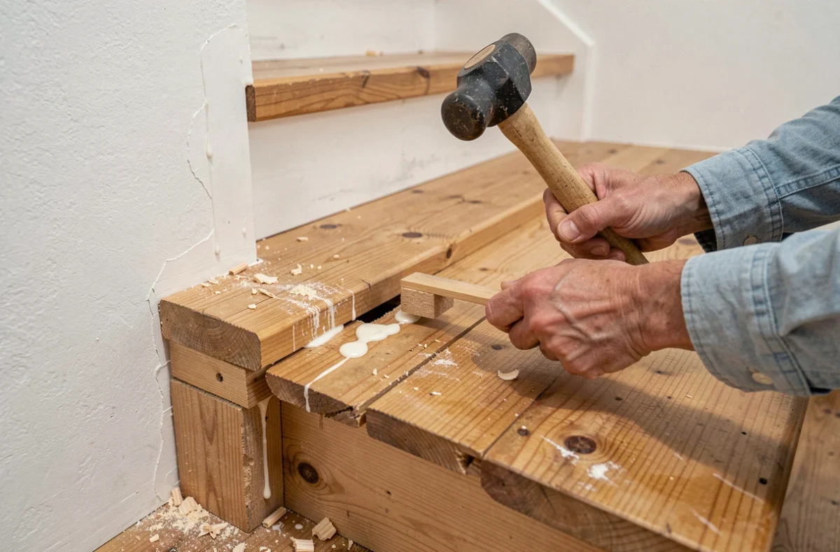 Réparation durable d'une marche d'escalier grincante avec des cales en bois et de la colle à bois