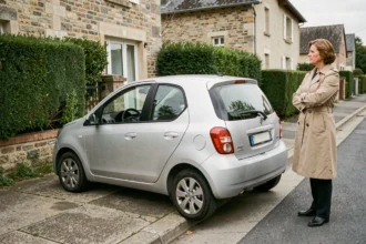 Voiture garée sur le trottoir devant une maison résidentielle en France, bloquant le passage des piétons