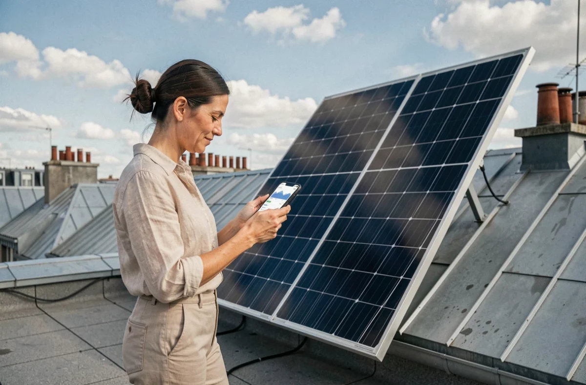 Femme consultant une application de suivi de production solaire sur un toit terrasse avec panneau plug and play