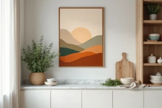 Tableau mural aux tons terracotta et vert sauge dans une cuisine moderne avec plan de travail en marbre blanc