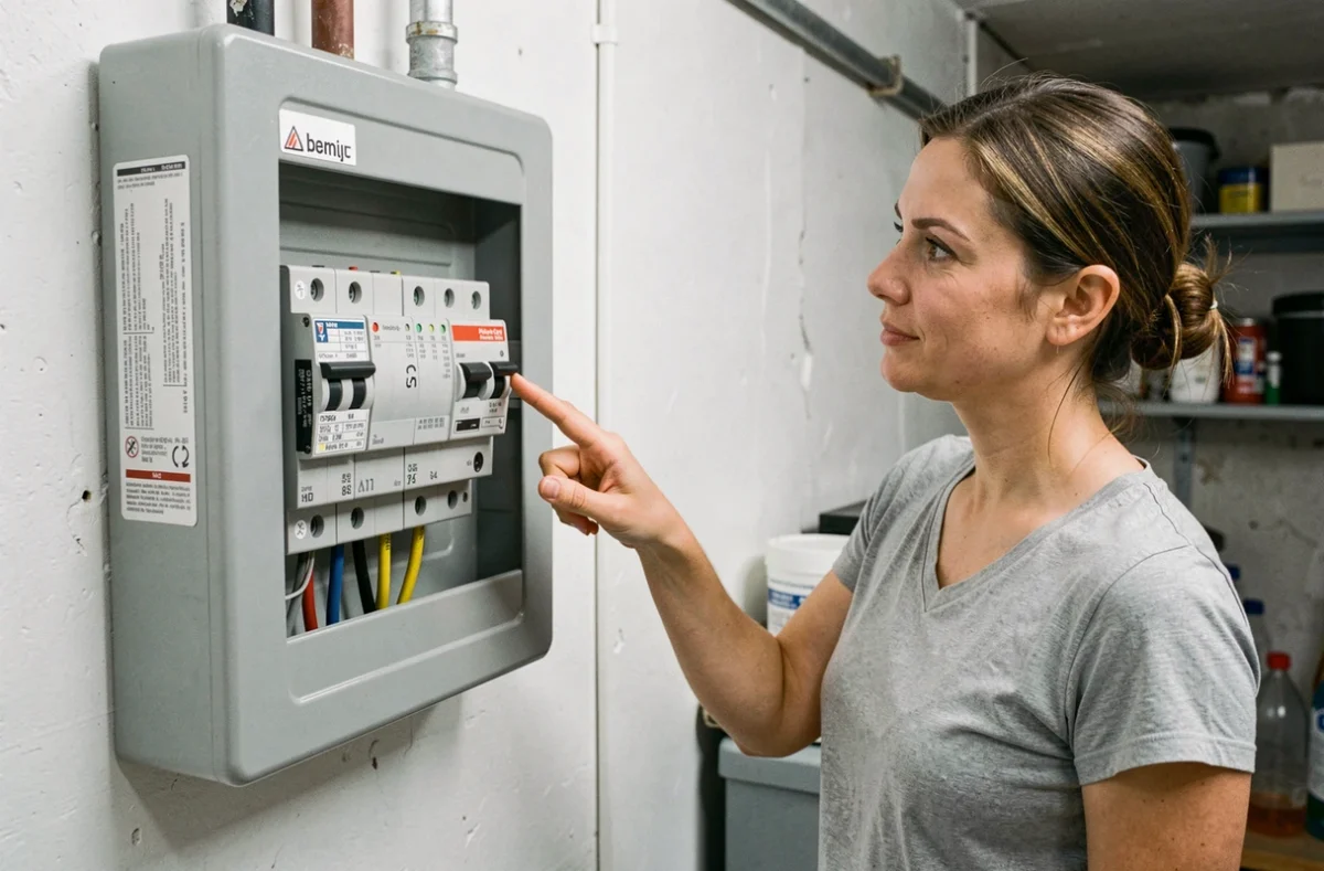 Propriétaire examinant le tableau électrique de sa maison pour vérifier la puissance du compteur avant l'installation d'une pompe à chaleur
