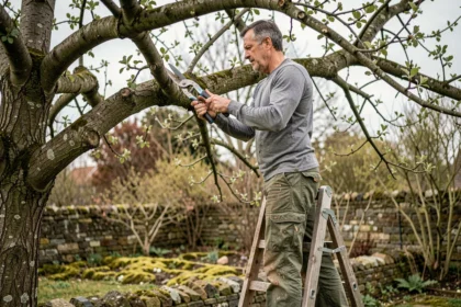 Homme taillant un pommier sur un escabeau en bois dans un jardin au printemps