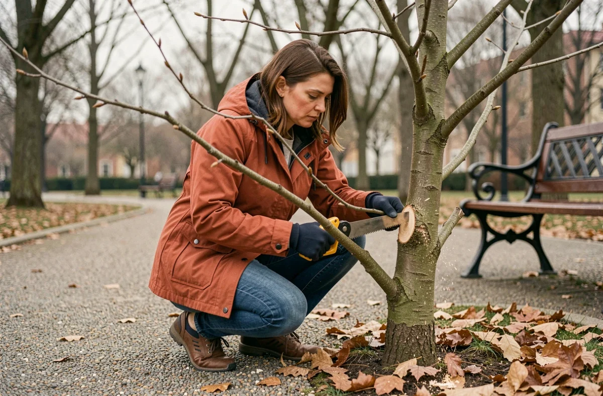 Femme effectuant une coupe précise sur un jeune cerisier ornemental dans un parc urbain