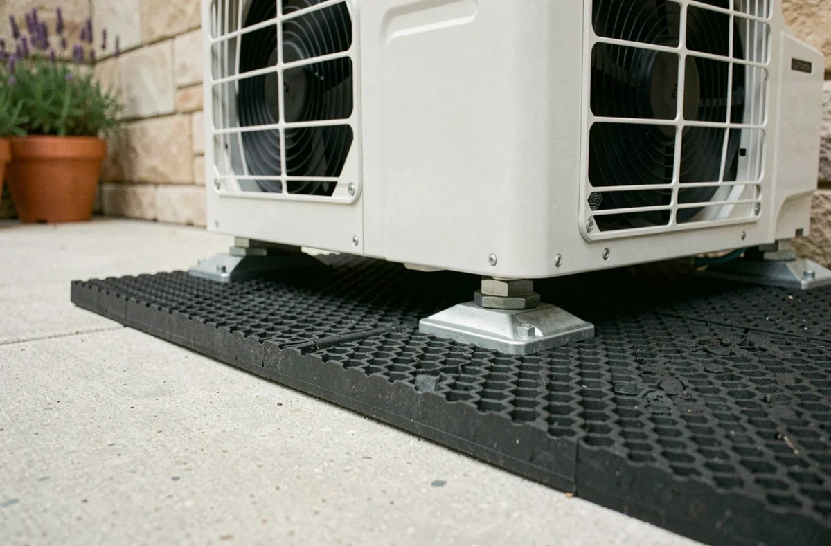 Tapis anti-vibration sous une pompe à chaleur extérieure posée sur une dalle béton pour réduire les nuisances sonores