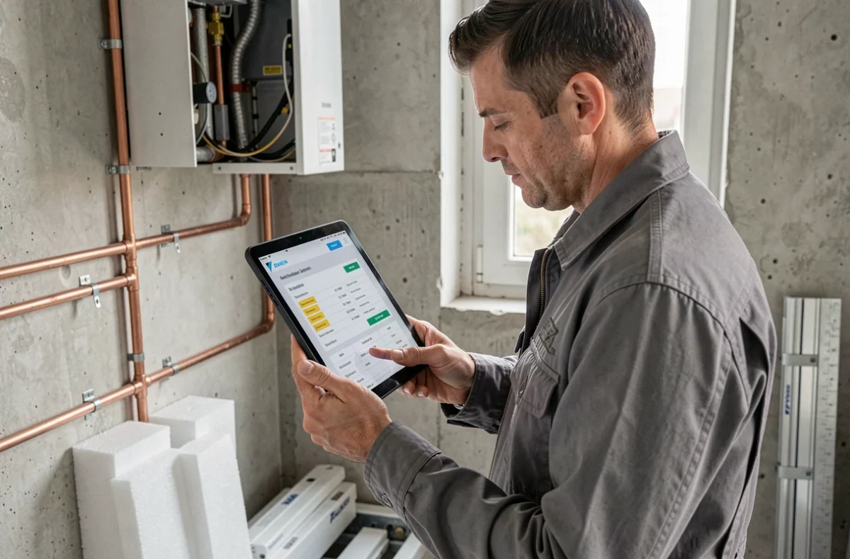 Professionnel CVC consultant un devis de pompe à chaleur Daikin sur tablette en local technique