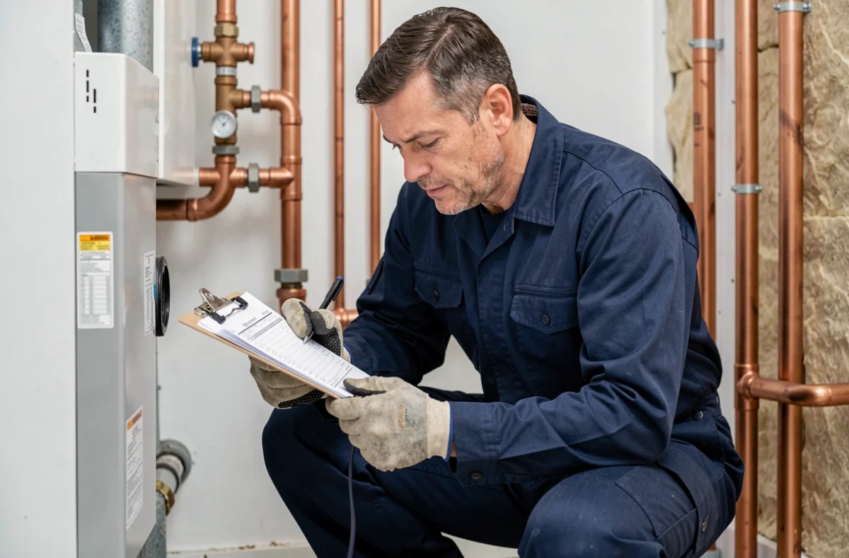 Technicien CVC inspectant une pompe à chaleur Saunier Duval dans une chaufferie moderne