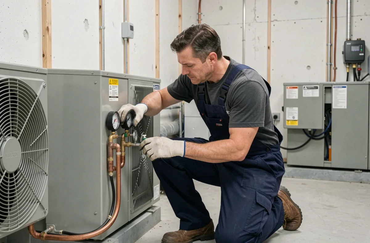 Technicien chauffagiste effectuant la maintenance d'une pompe à chaleur 16 kW en salle technique
