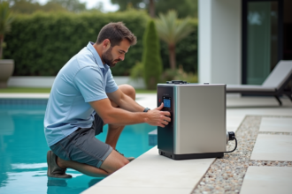 Homme d'âge moyen ajustant un système de chlorination au bord de la piscine