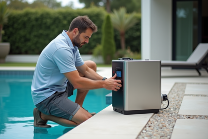 Homme d'âge moyen ajustant un système de chlorination au bord de la piscine