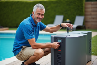 Homme vérifiant la pompe à chaleur de piscine extérieure