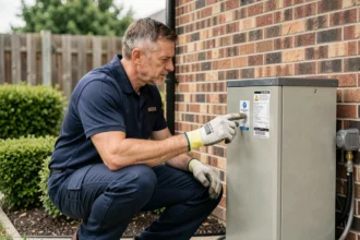 Technicien HVAC inspectant une pompe à chaleur air eau installée sur la facade extérieure d'une maison résidentielle