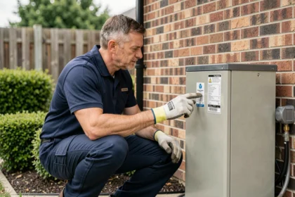 Technicien HVAC inspectant une pompe à chaleur air eau installée sur la facade extérieure d'une maison résidentielle